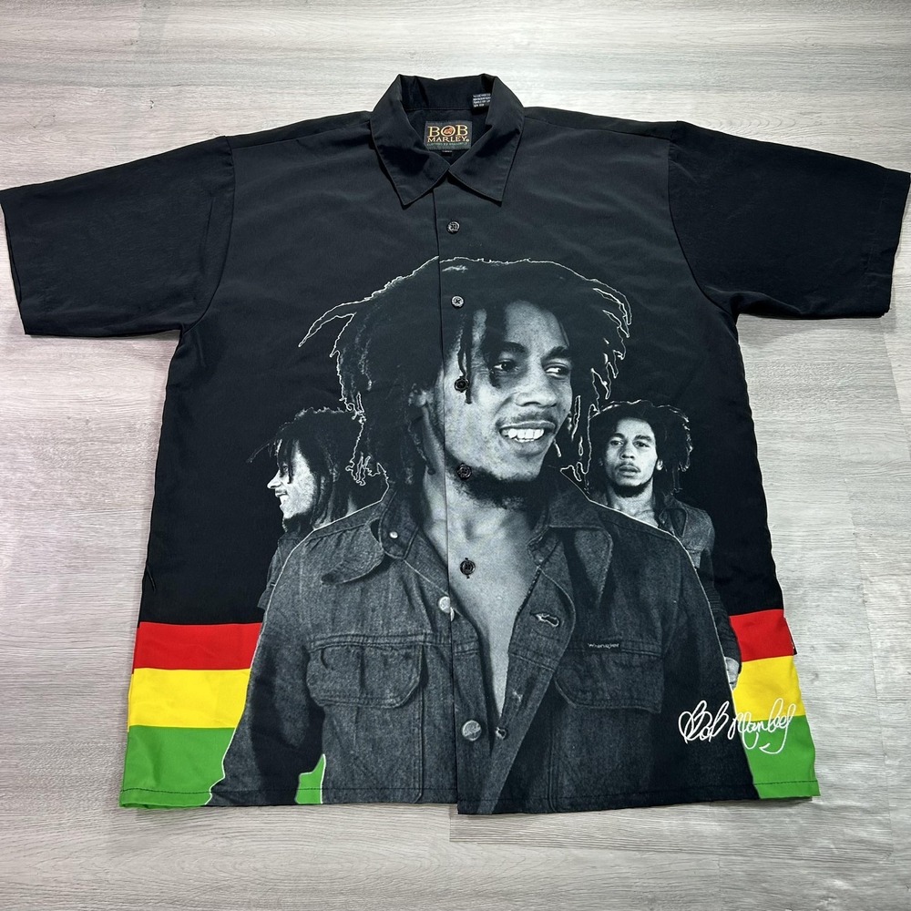 Bob Marley Shirt Mens Large Multicolor Reggae Graphic Short Sleeve Button Up